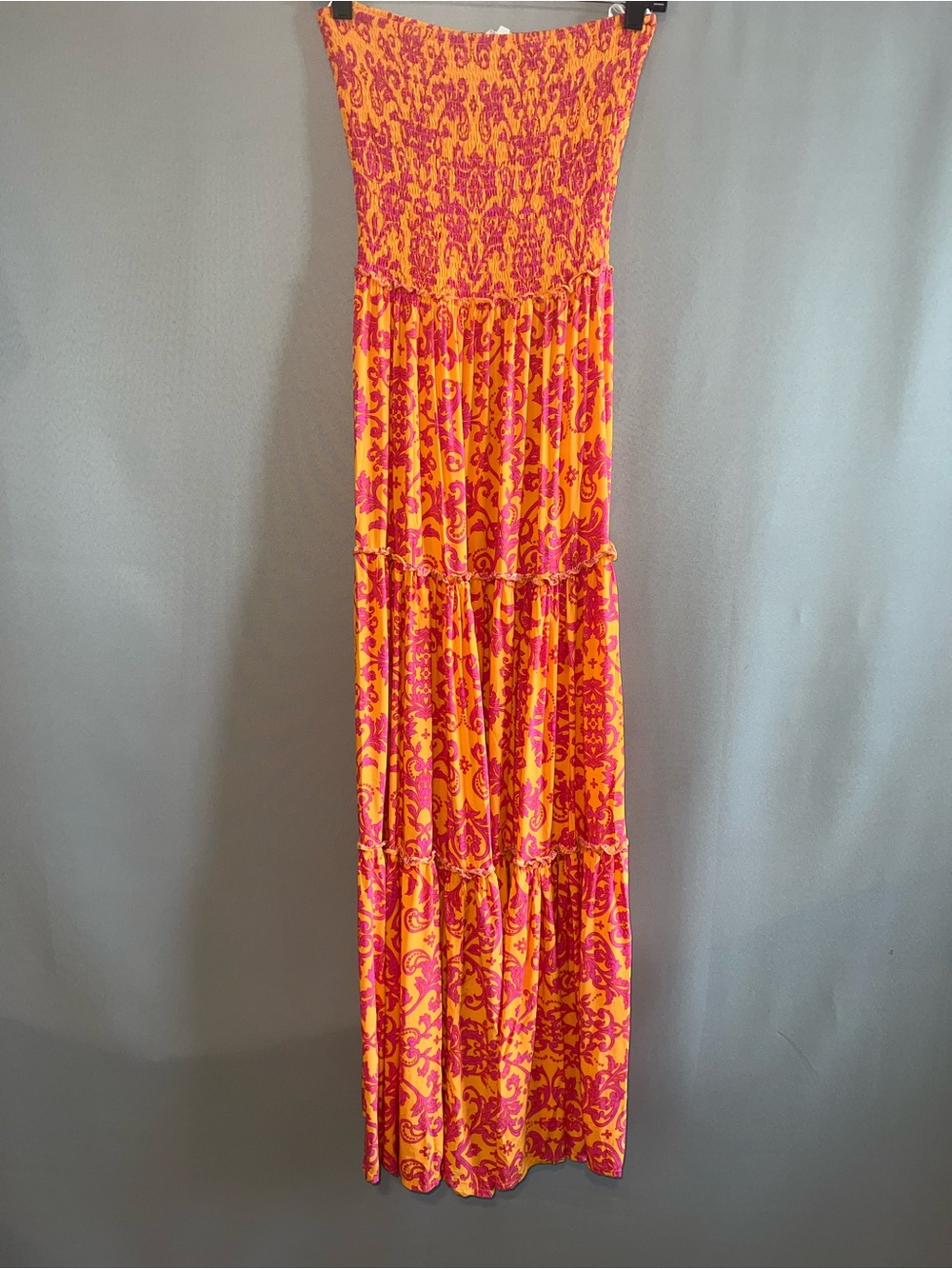 Abel The Label Bondi Strapless Smocked Tiered Maxi Dress Orange Pink Paisley M - Picture 2 of 7